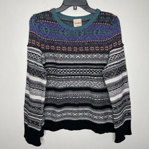 (nude) Sweater Women IT 42 US Medium Fair Isle Virgin Wool Blend Metallic Detail - Picture 3 of 11